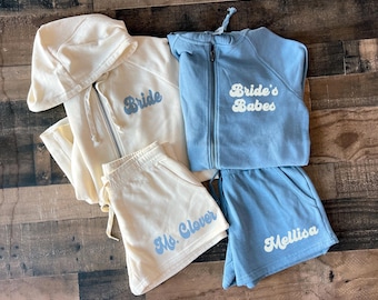 Mrs Bride Set, Bridesmaids Baby Tee, Custom Text Mrs. Zip Up, Vintage Inspired Married, Womens bridal gift, mob moh shorts, Retro marriage