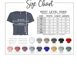 May include: Size chart for a women's festival crop top. The chart shows the width, chest, and length measurements in inches for sizes XS to 2XL. The chart also includes a color chart with 12 different color options.
