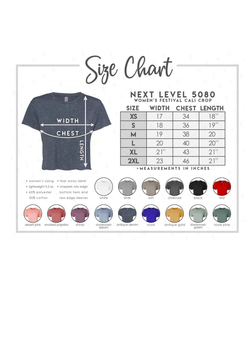 May include: Size chart for a women's festival crop top. The chart shows the width, chest, and length measurements in inches for sizes XS to 2XL. The chart also includes a color chart with 12 different color options.