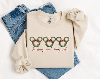 Christmas Wreath Mickey Sweatshirt, Merry Magical Red Wreath, Bright Holiday Sweater, Long Sleeve, Mouse Bow Happy Holidays