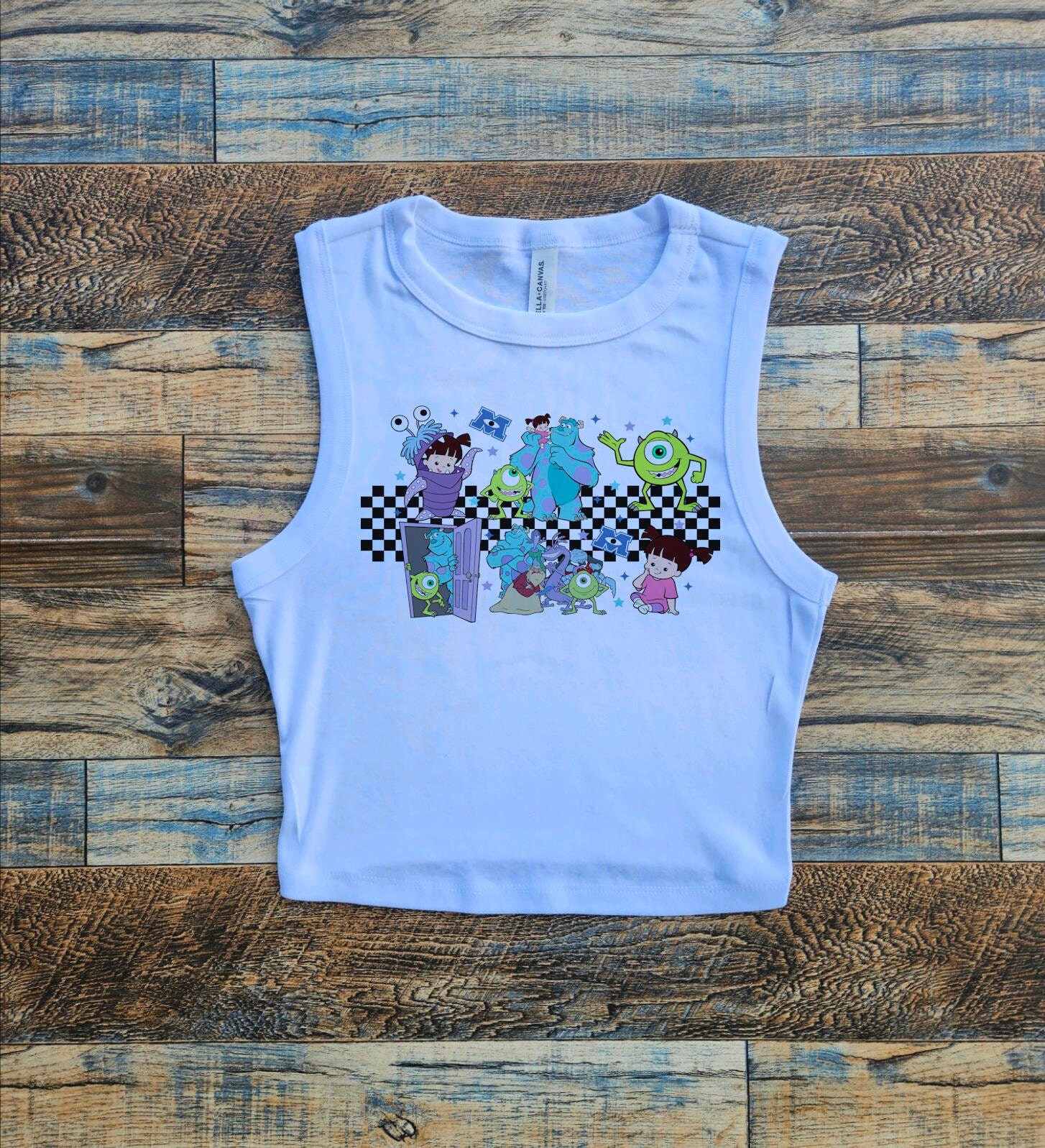 Monsters Inc Crop Tank, Retro Sully Checkered Baby Tee