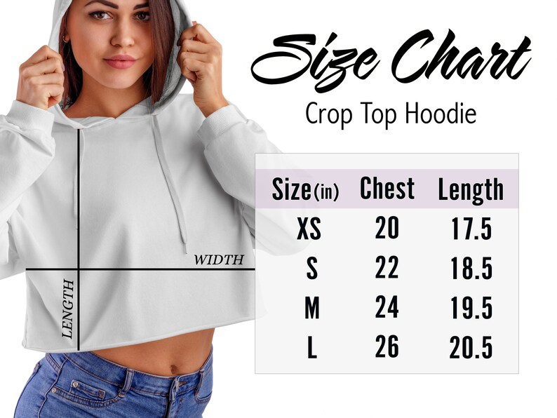 Puede incluir: Una sudadera con capucha corta blanca con capucha con cord&oacute;n. La imagen incluye una tabla de tallas con medidas de pecho y largo en pulgadas: XS (20, 17,5), S (22, 18,5), M (24, 19,5) y L (26, 20,5). Se muestra el texto "Size Chart".