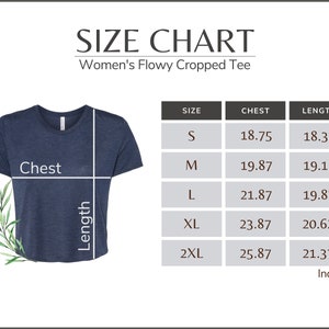 May include: Size chart for a flowy cropped tee, showing measurements in inches for chest and length in sizes S, M, L, XL, and 2XL.