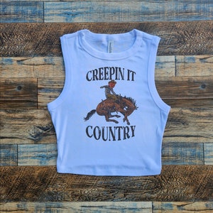 Creep it Country Crop, Pumpkin head Cowboy Baby Tee, Horse spooky Crop Tank, Spooky Goblin Scary Womens Top