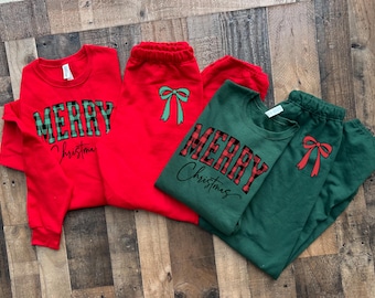 Holiday Christmas Sweater pants, Womens Girls Plaid Merry Set, Bow Coquette Sweat set, Buffalo Plaid Red Green shirt, Holiday Mouse gift set