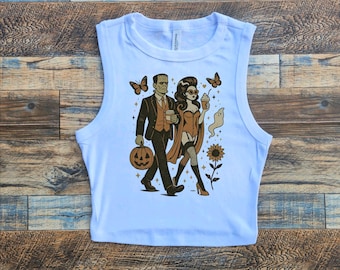 Frankenstein Baby Tee, Retro Bride Horror crop tank, Munster Crop Top, Monster Lover, Frankenstein unisex tee black