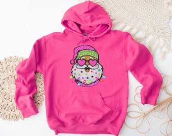 Glitter Santa Top Hoodie, Cute Santa shirt, Kids Womens Crop Tank Sweatshirt, Glittery Snowman Crop Tank, Colorful Santa Christmas