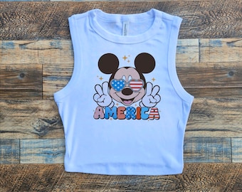 Top corto di Topolino America, maglietta di Minnie del 4 luglio, top da donna Disney americano, maglietta patriottica di Topolino, rosso bianco blu