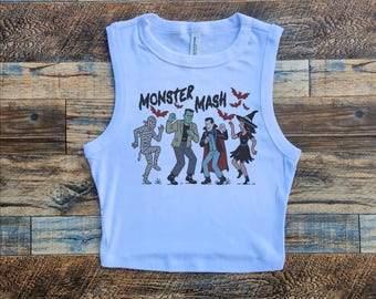 Monster Dracula Baby Tee, Retro Horror Mummy crop tank, Munster Mash Crop Top, Fall Monster, Frankenstein Dracula Mummy Witch tee black