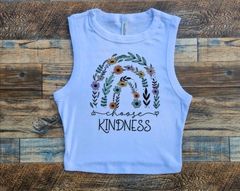 Wild Floral Crop Tank Top, Kindness, Wildflower baby tee, Vintage Boho Cottagecore, beautiful person Kind black tank