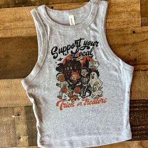 Support Trick or Treat Crop Tank, Retro Halloween Baby Tee, Skeleton Ghost Mummy, Fun Hallows Eve, Fall Jack o latern black tee, boo