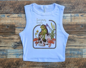 Frog Croaks Horror Crop, Toad Cottagecore Fall Baby tee, Skull Frog Mushroom Fall, Halloween Frog Crop Tank, Halloween humor death dying