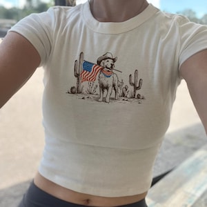 T-shirt bébé chien drapeau américain, récolte Cowboy Memorial Day, réservoir de récolte du 4 juillet USA, chemise patriotique pour femme juillet 1776, t-shirts pour femme 4 juillet