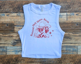 Top corto "Raising Hell", camiseta de bebé "Nashville", camiseta de bebé "Wolf" (mujer poderosa), vaquera de Tennessee, viaje de chicas del oeste, top corto