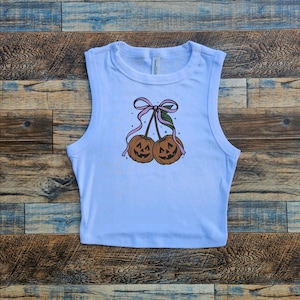 Pumpkin Bow Baby Tee, Fall Halloween Crop Tank, Spooky Jack O Latern Fun Girlie tee, Autumn girls tshirt, Autumn tank top, Youth Crop tank