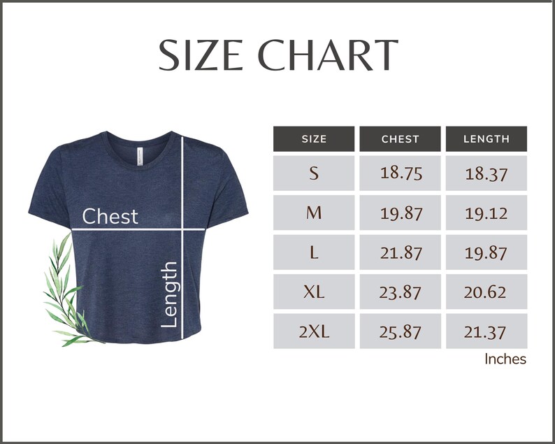Puede incluir: Una camiseta azul marino con una tabla de tallas. La tabla muestra las medidas de pecho y largo en pulgadas para las tallas S, M, L, XL y 2XL. El texto "SIZE CHART" est&aacute; en la parte superior.