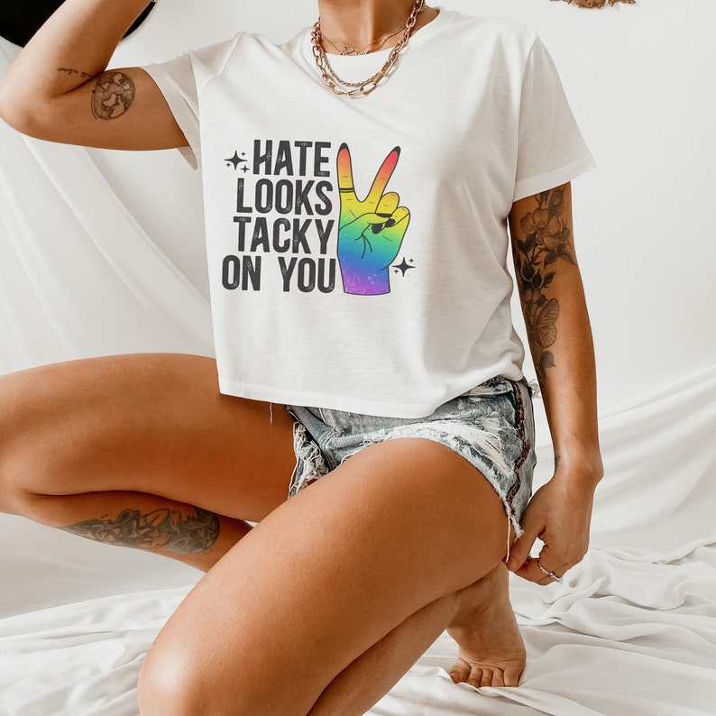 Support Gay Pride Crop, lgbtqia Crop, Hate Looks Tacky On You, Dont Say Desantis Crop Tank, Gay Pride Crop Tank Top, Womens Pride Flag Crop image 8