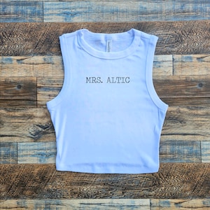 Camiseta sin mangas corta para señora, camiseta corta para recién casados, camiseta sin mangas corta para señora con texto personalizado, de inspiración vintage, regalo de novia para mujer