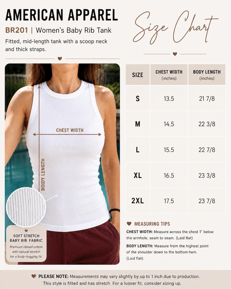 May include: White baby rib tank top with a scoop neck and thick straps. The image includes a size chart with chest width and body length measurements in inches. The tank top is made of soft stretch baby rib fabric.