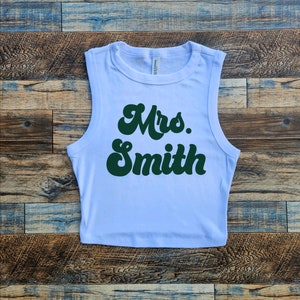 Mrs. Bride Tank Crop Top, Bridesmaids Crop, Custom Text Mrs. Tank Crop, Vintage Inspired, Womens bridal gift White Crop Tank