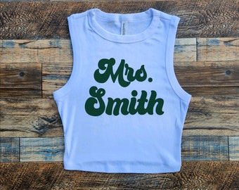 Mrs. Bride Tank Crop Top, Brautjungfern Crop Top, benutzerdefinierter Text Mrs. Tank Crop, Vintage inspiriert, Damen Brautgeschenk