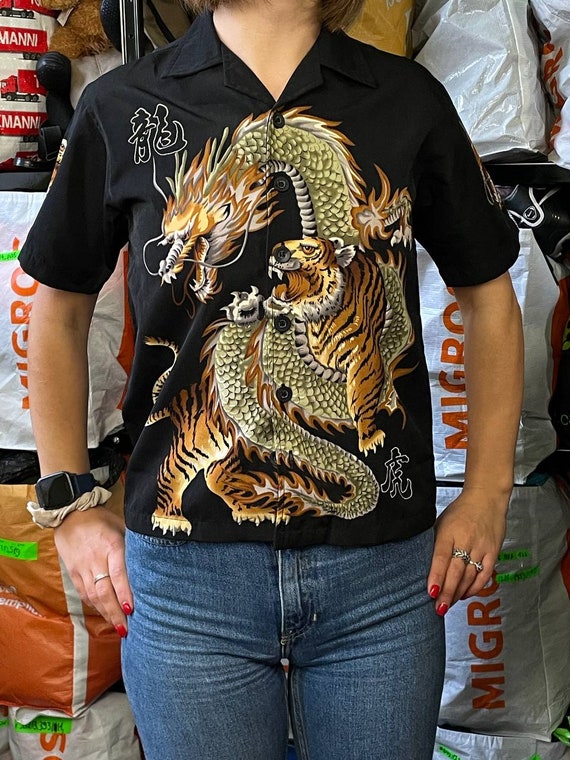 Dnon Jeans dragon tiger flame women's shirt button