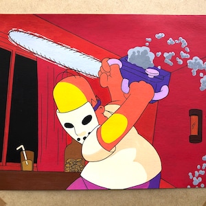 The Simpsons Homer Simpsons Hockey Mask and Chainsaw Jason Voorhees Friday the 13th Acrylic Gouache and Marker Painting 12x8