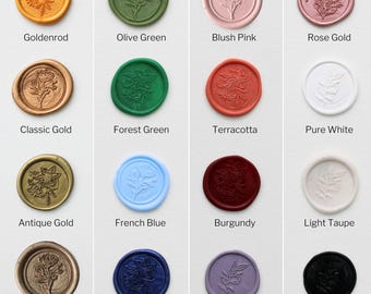 May include: A collection of sixteen circular wax seals arranged in a grid, each featuring a unique embossed floral or botanical design. The seals are presented in various colors including goldenrod, olive green, blush pink, rose gold, classic gold, forest green, terracotta, pure white, antique gold, french blue, burgundy, light taupe, umber, navy, smokey lavender, and black.