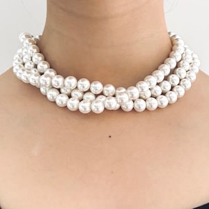 Choker necklace triple strand with shell pearls, 10mm