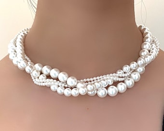 Multi-layers and sizes choker necklace with white shell pearls, 3mm, 6mm, 10mm