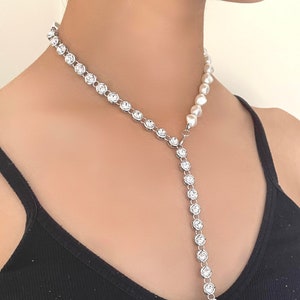 Adjustable white baroque shell pearls with crystal tennis necklace