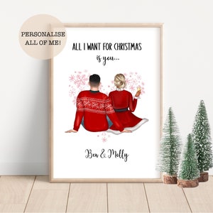 Christmas Couple print | Personalised Wall art Custom Couple print | Couple portrait illustration | Christmas Decor Couple Christmas Gift