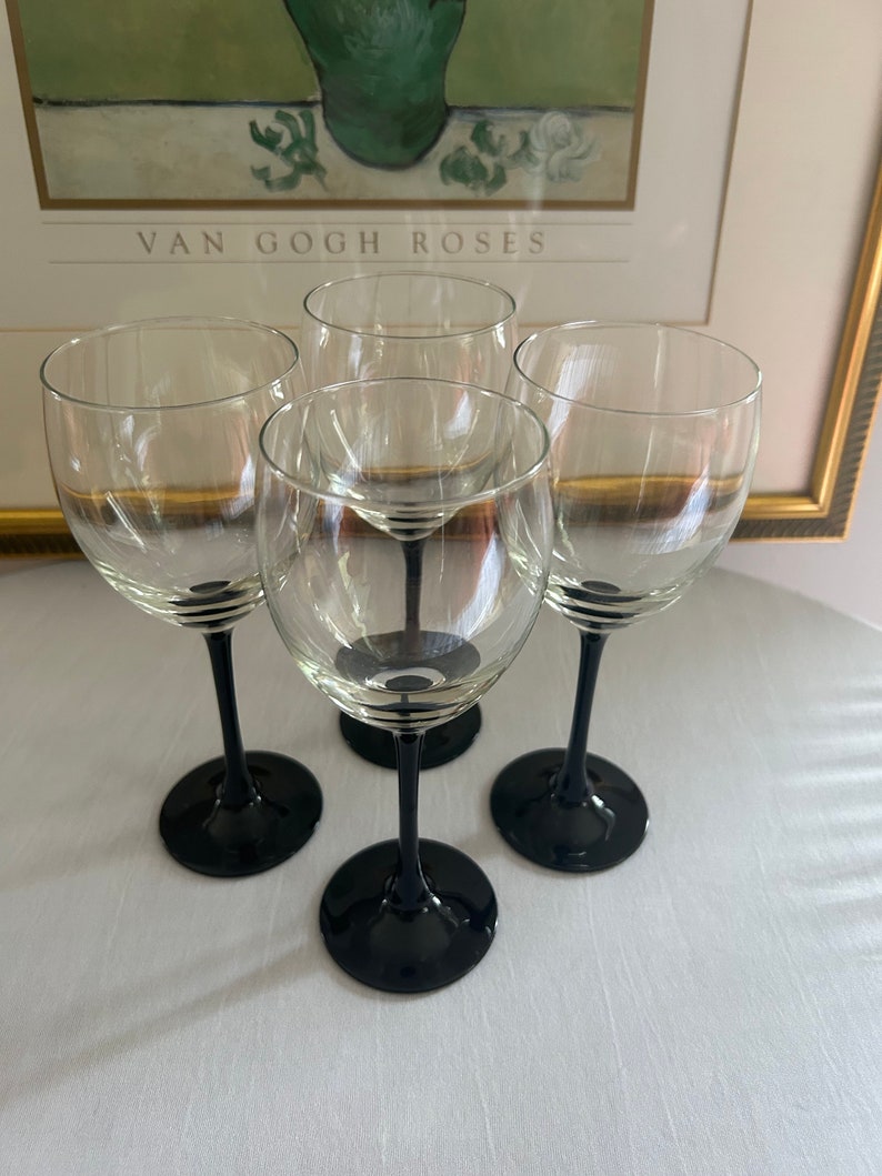 Set of 4 Vintage Black Stem Wine Glasses, Luminarc Made in France