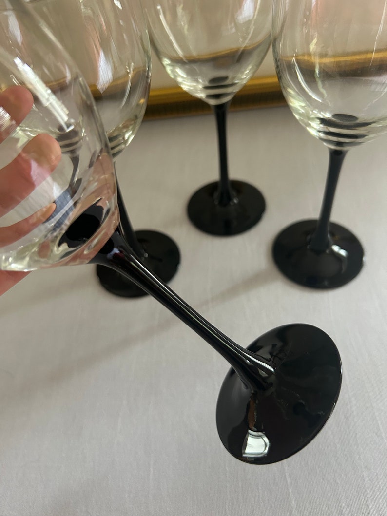 Set of 4 Vintage Black Stem Wine Glasses, Luminarc Made in France