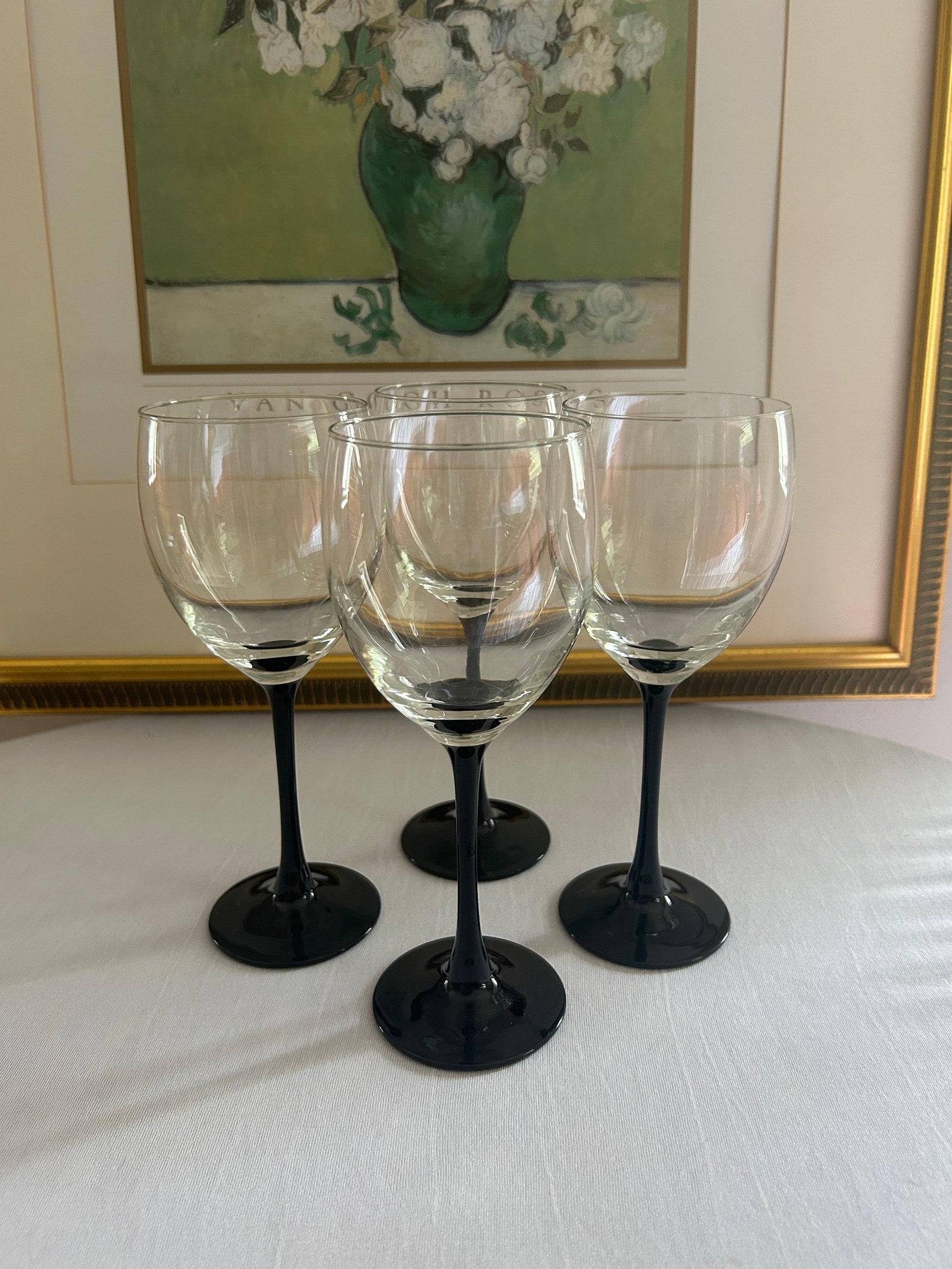 Set of 4 Vintage Black Stem Wine Glasses, Luminarc Made in France