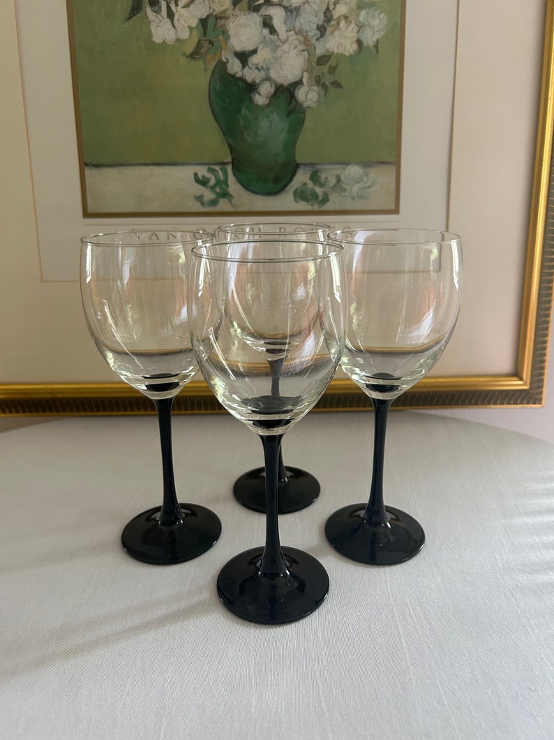 Set of 4 Vintage Black Stem Wine Glasses, Luminarc Made in France