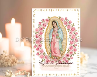 May include: A greeting card featuring an illustration of the Virgin of Guadalupe, surrounded by pink roses. The image has a gold halo and a border with a dotted design. The text "Virgen de Guadalupe" is written below the image, along with a prayer.