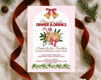 May include: A pink Christmas invitation with the text "Please join us for DINNER & DRINKS" and a gingerbread design. The invitation is decorated with red ribbon, pine needles, and pine cones. The invitation is hosted by the Franklins.