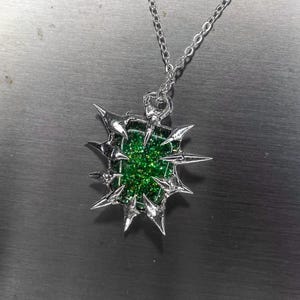 Y2k Cybersigilsm Green Glitter Stained Glass Sigil Necklace Spiky freshwater pearl necklace with irregular thorns, cybersigilism, cyber goth