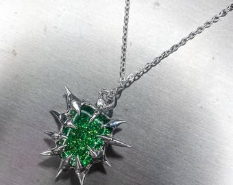 Y2k Cybersigilsm Green Glitter Stained Glass Sigil Necklace Spiky  freshwater pearl necklace with irregular thorns, cybersigilism, cyber goth