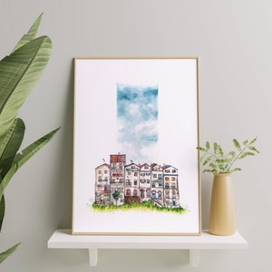 Decorative sheet, watercolor of houses in Donostia San Sebastián. Print and watercolor to decorate.