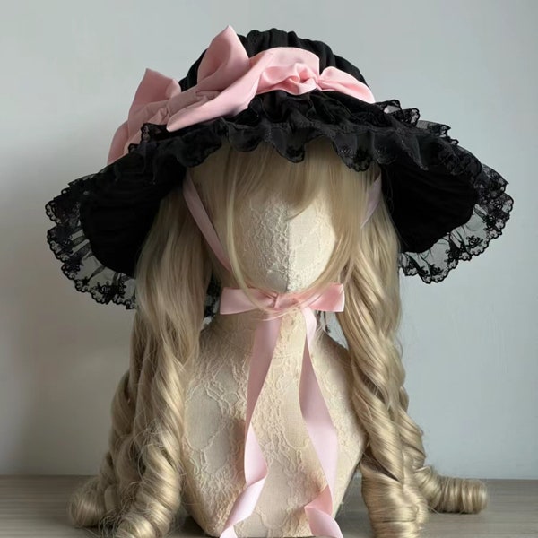 Chapeau Lolita, chapeau de paille avec noeud en dentelle, chapeau rococo rétro, capuchon doux, chapeau parapluie fait main.