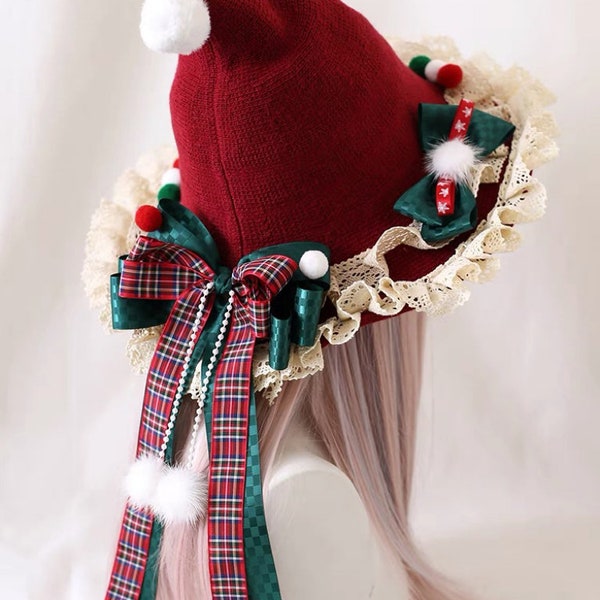 Christmas tree hat, Christmas bow plush lace female hat, handmade elf hat, Christmas party hat, Santa Claus hat, candy hat, prop hat.