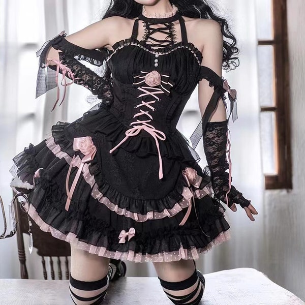 Robe lolita, jupe cosplay lolita, robe de mode lolita noire, robe de fille gothique lolita, robe lolita douce, robe à bretelles.