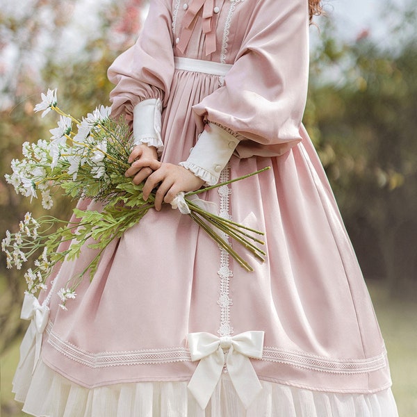 Robe Lolita, robe à manches longues d’automne et d’hiver, robe douce et jolie, robe femme, nœud papillon rose Robe Lolita, cadeau de Noël.