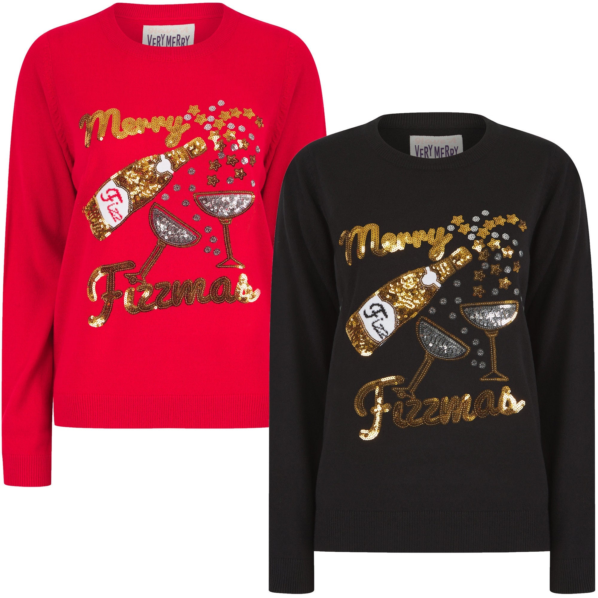 Women's Ladies Christmas Novelty Jumper merry Fizzmas Sparkly Sequins