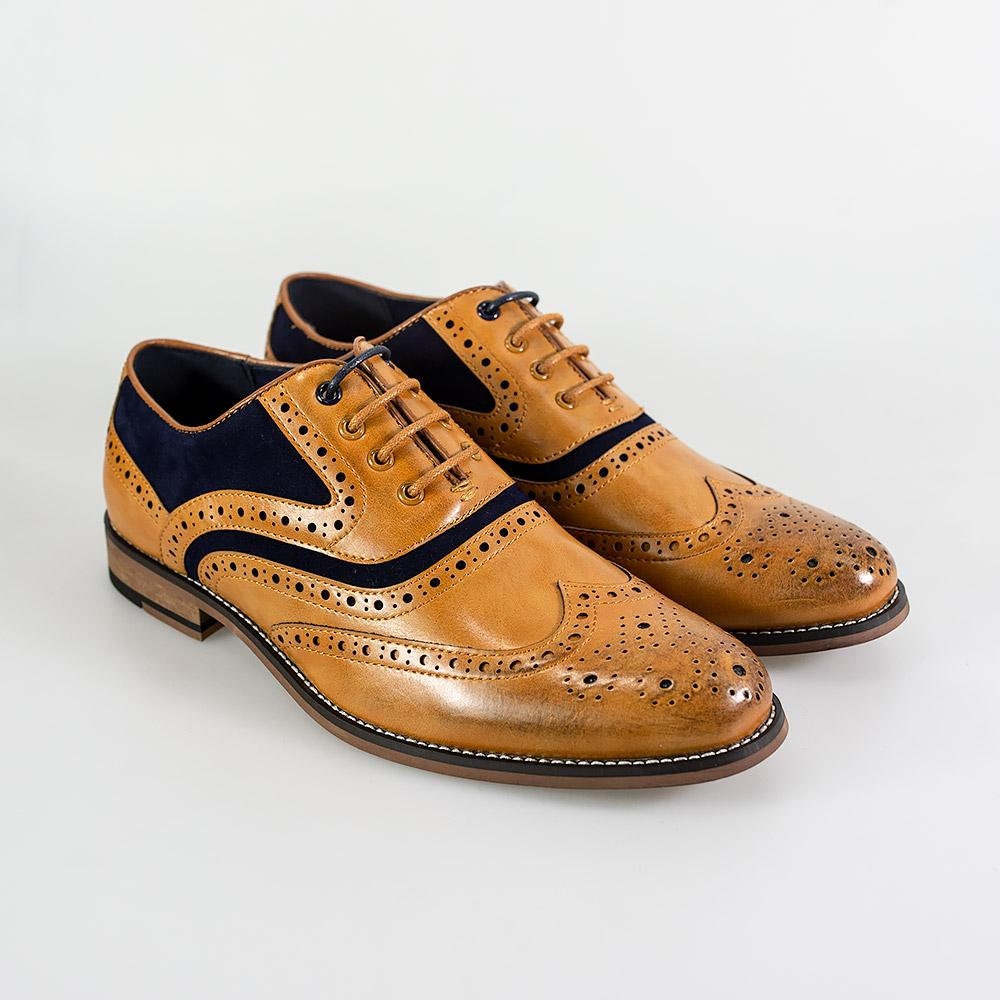 Men's Leather Tan Navy Brogues Smart Casual Formal Oxford Shoes