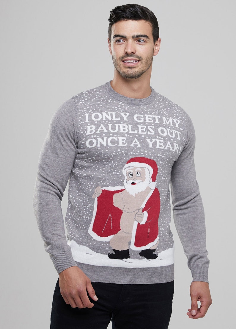 Men's Christmas Novelty Jumper Funny Rude Santa Knitted Grey Xmas ...