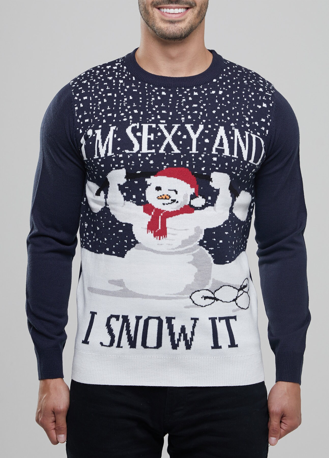 Men's Christmas Novelty Jumper Funny Snowman Knitted Blue Xmas Sweater