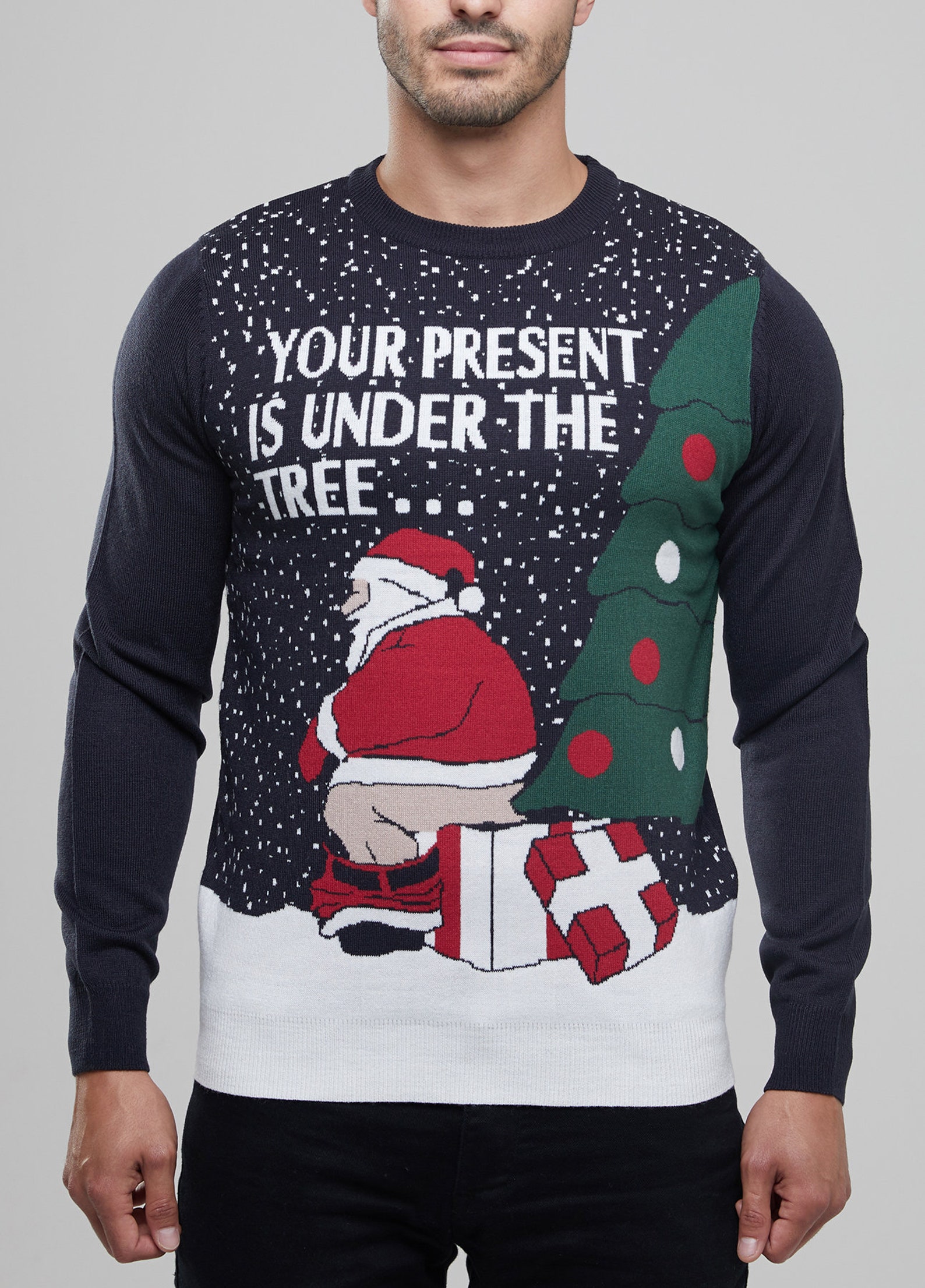 Men's Christmas Novelty Jumper Funny Santa Knitted Blue Xmas Sweater